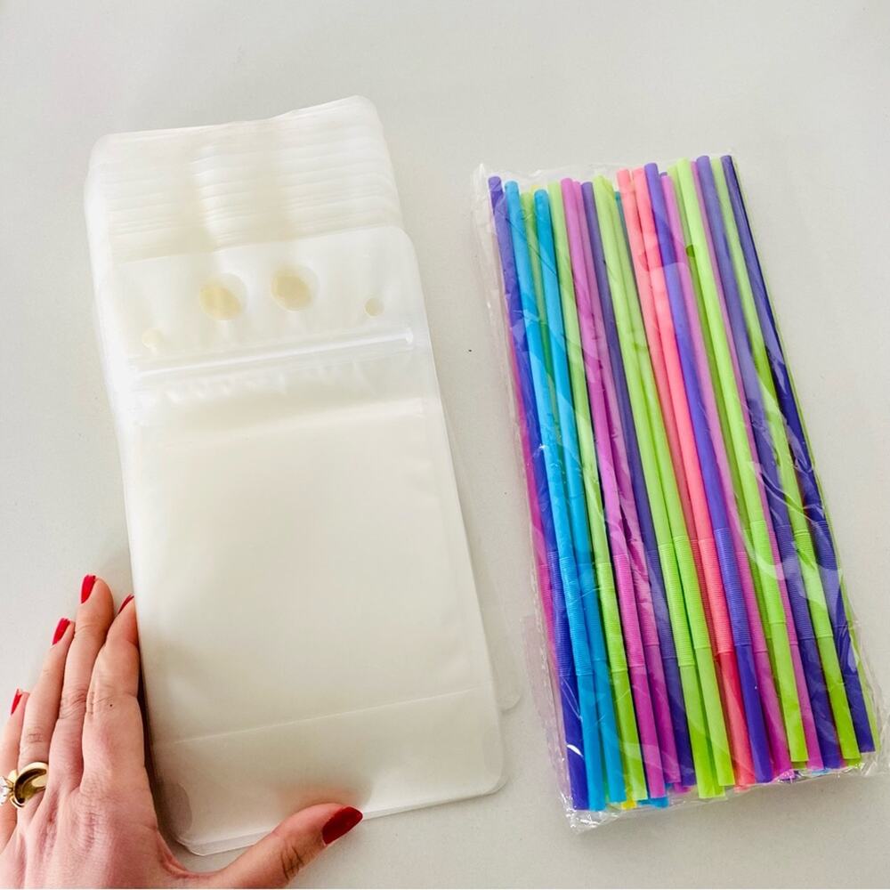 NEW ANTHROPOLOGIE Clear Sealed Pouch Travel Beverage Cup Rainbow Blue Pink Straw